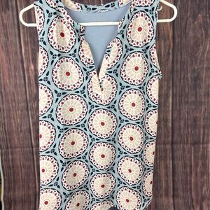 LOFT Blue and Orange Blouse with V-Neck and Geometric Pattern